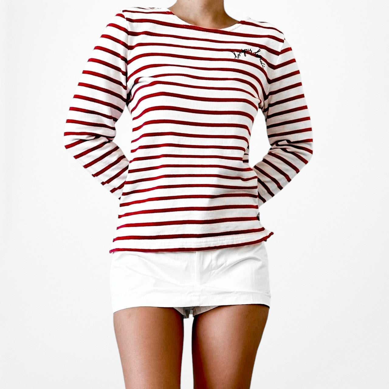 White Red Striped Long Sleeve Crewneck Pullover Top Size XS/S