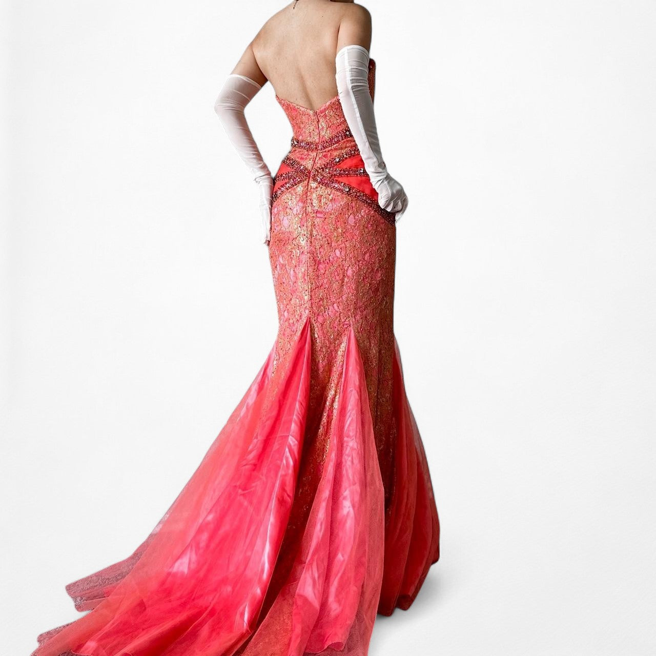 Vintage Pink Strapless Lace Beaded Fishtail Bodycon Prom Dress Size M