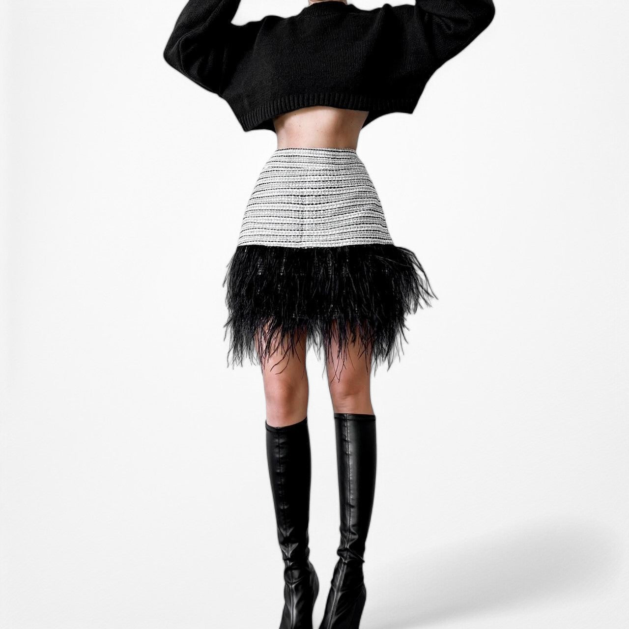 Sail To Sable Gray Black Feather Striped High Waisted A-Line Mini Skirt Size S