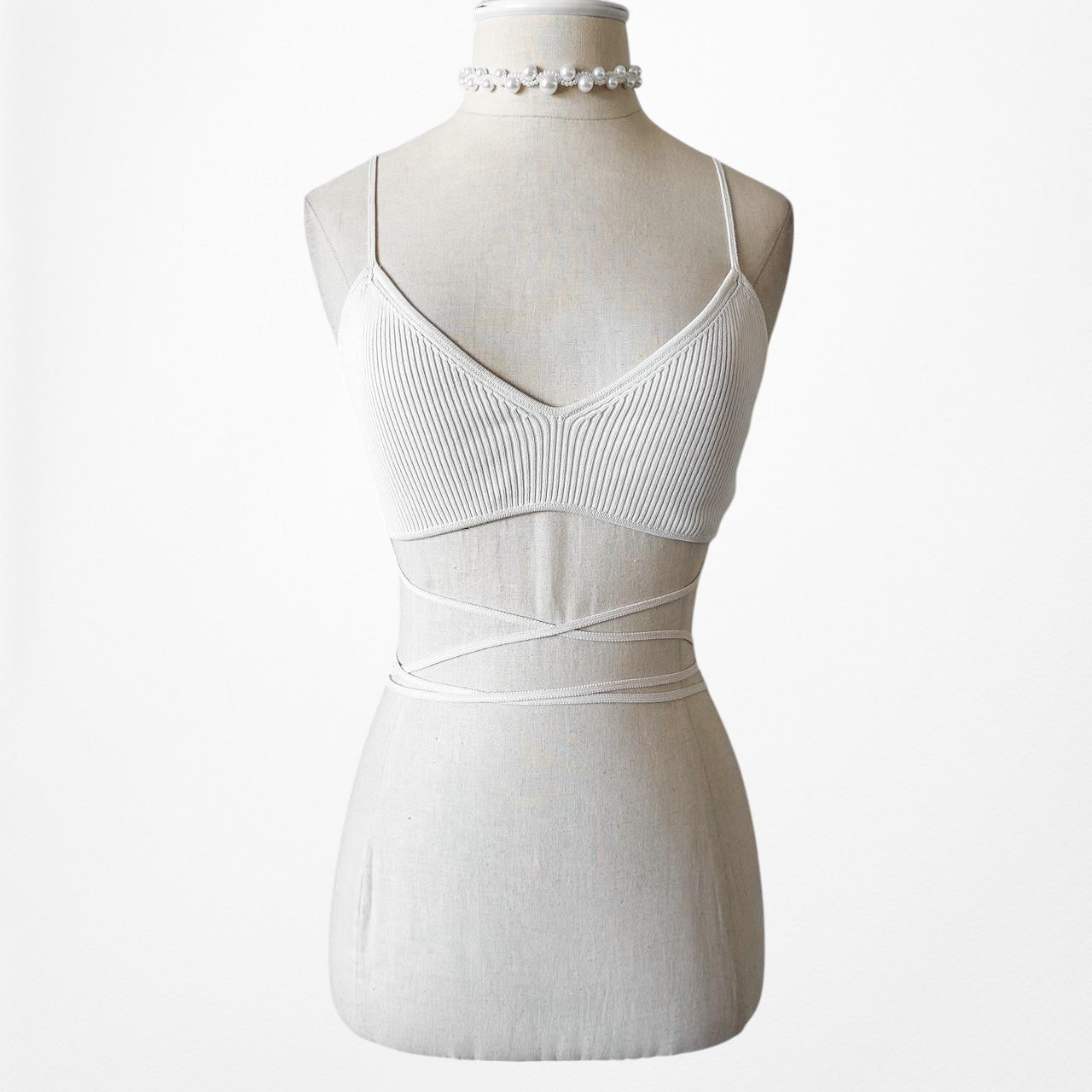 Zara Ribbed Knit Off White Cream Strappy Tie Crop Top Bralette Size S