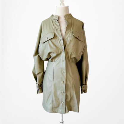 Zara Green Long Sleeve Faux Leather Utility Cargo Style Mini Dress Size S