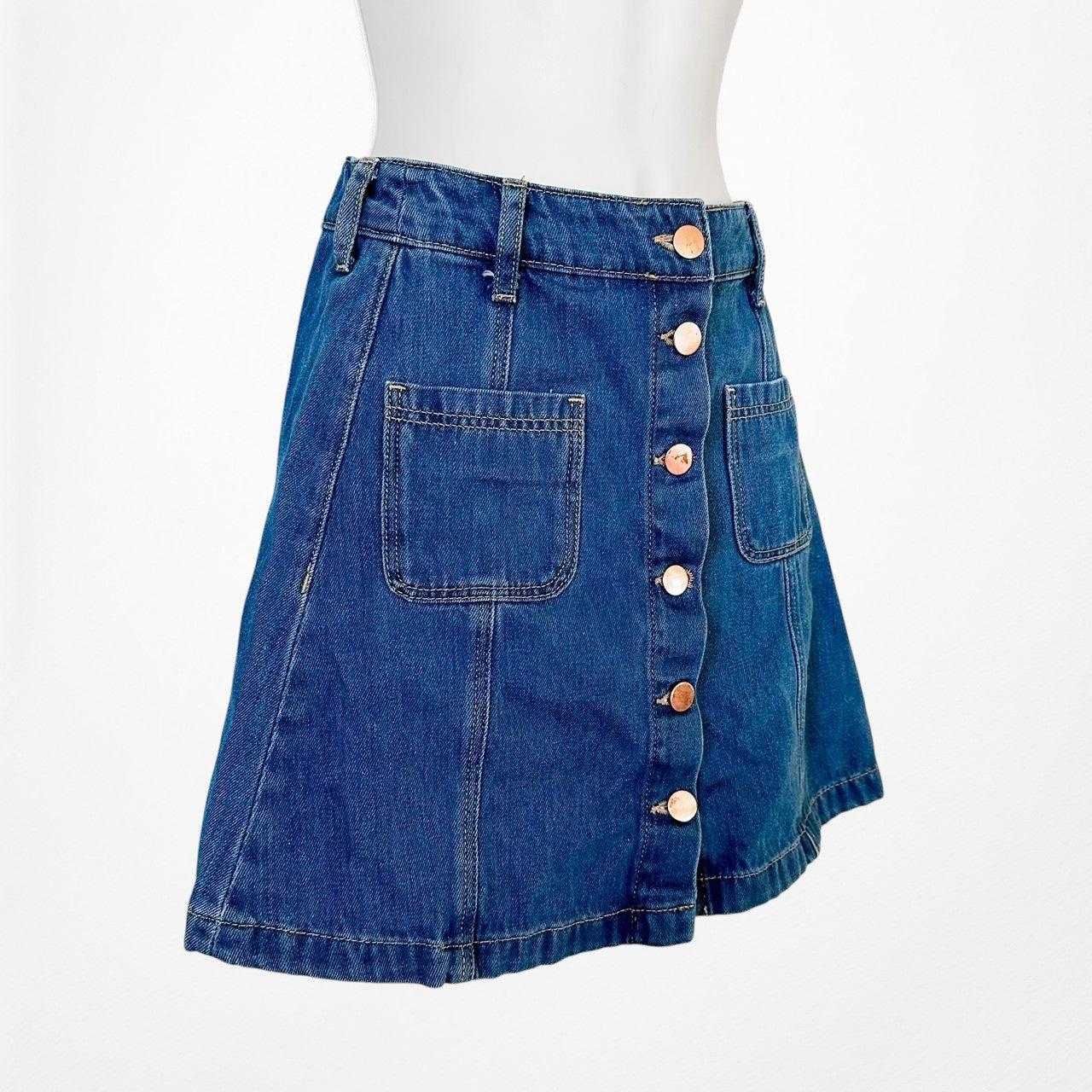 H&M Blue Button Front High Waisted Denim A-Line Mini Skirt Size XS