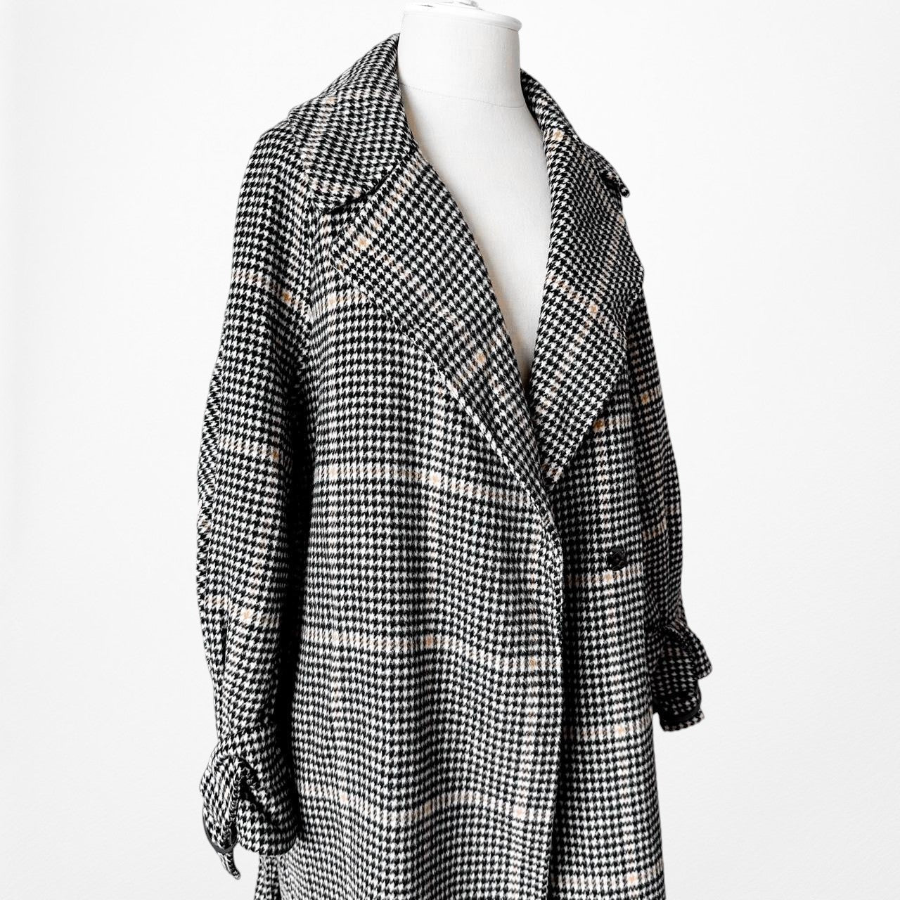 Zara Gray Checkered Plaid Oversized Wool Waist Tie Trench Style Jacket Coat