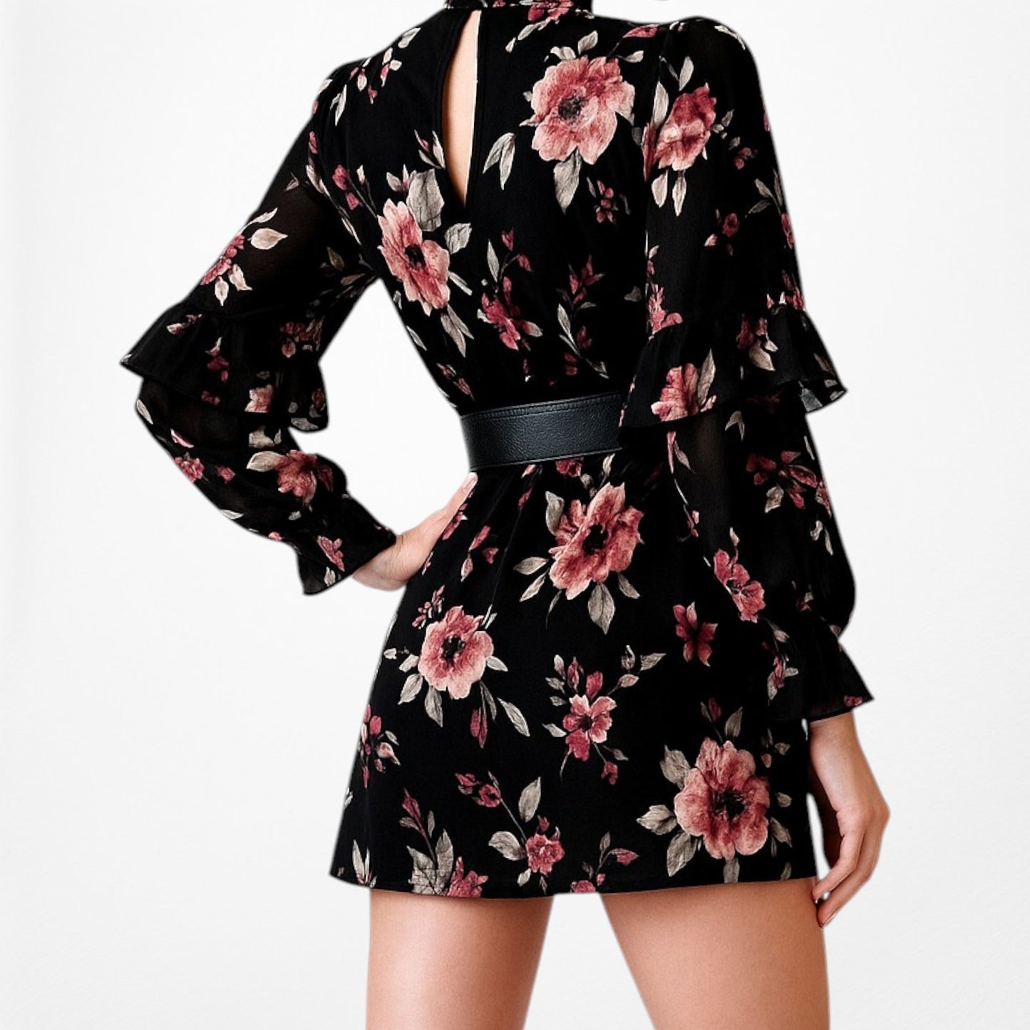 White House Black Market Floral Long Sleeve Ruffle Shift Tunic Dress Size M