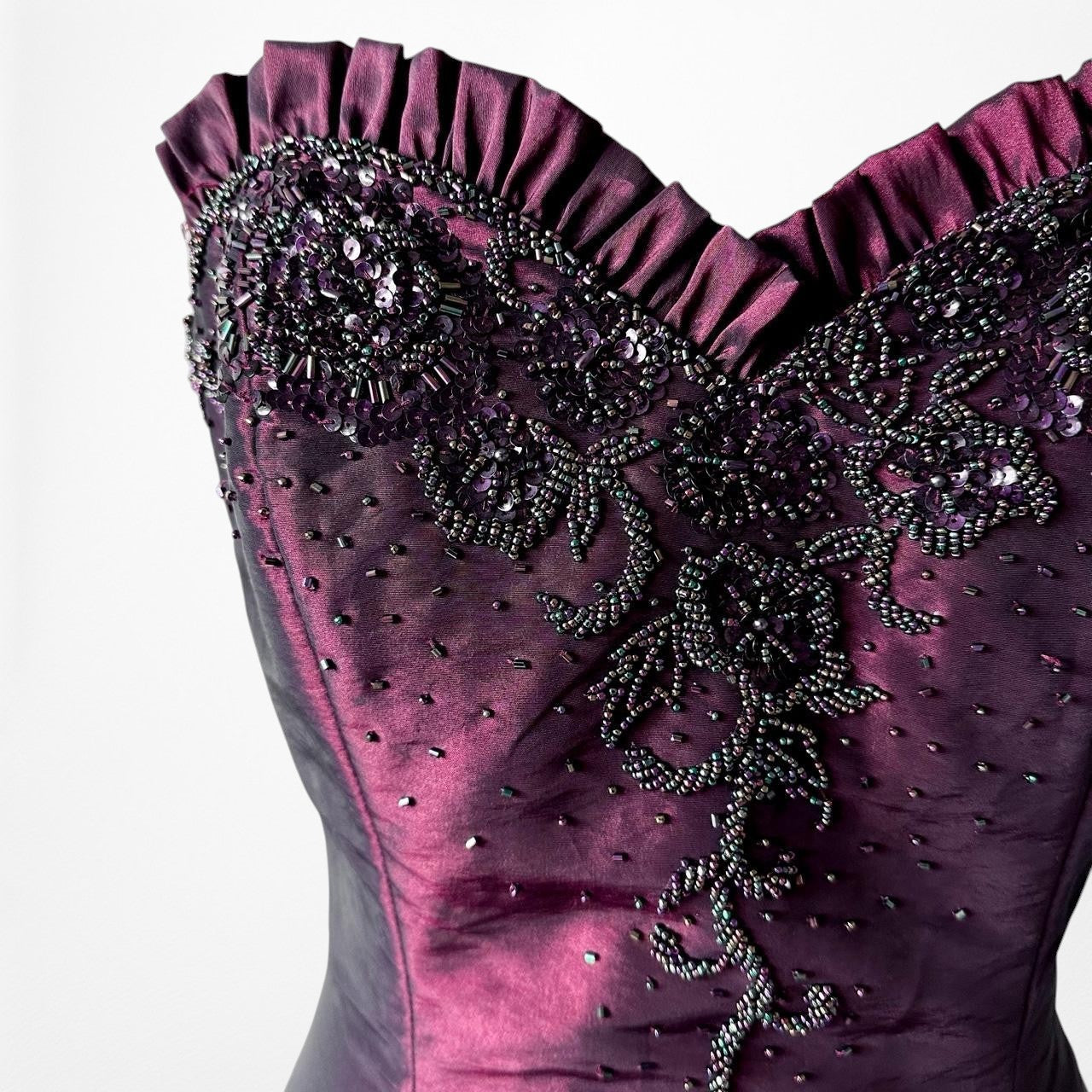 Vintage Burgundy Red Strapless Beaded Satin Ruffle Flared Maxi Prom Dress Size M