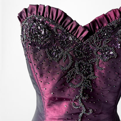 Vintage Burgundy Red Strapless Beaded Satin Ruffle Flared Maxi Prom Dress Size M