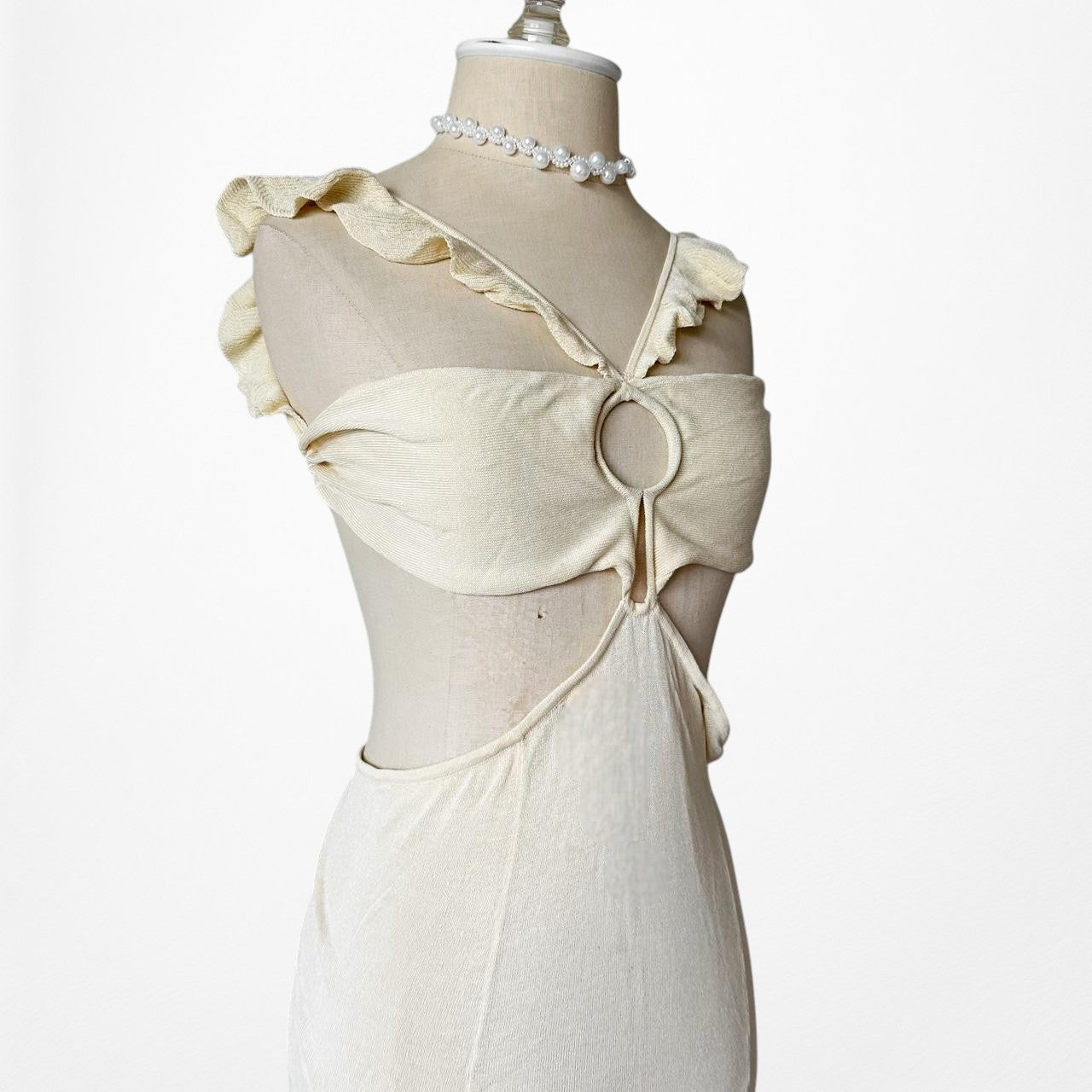 Off White Cream Cutout Ruffle Knit Maxi Bodycon Dress Size M