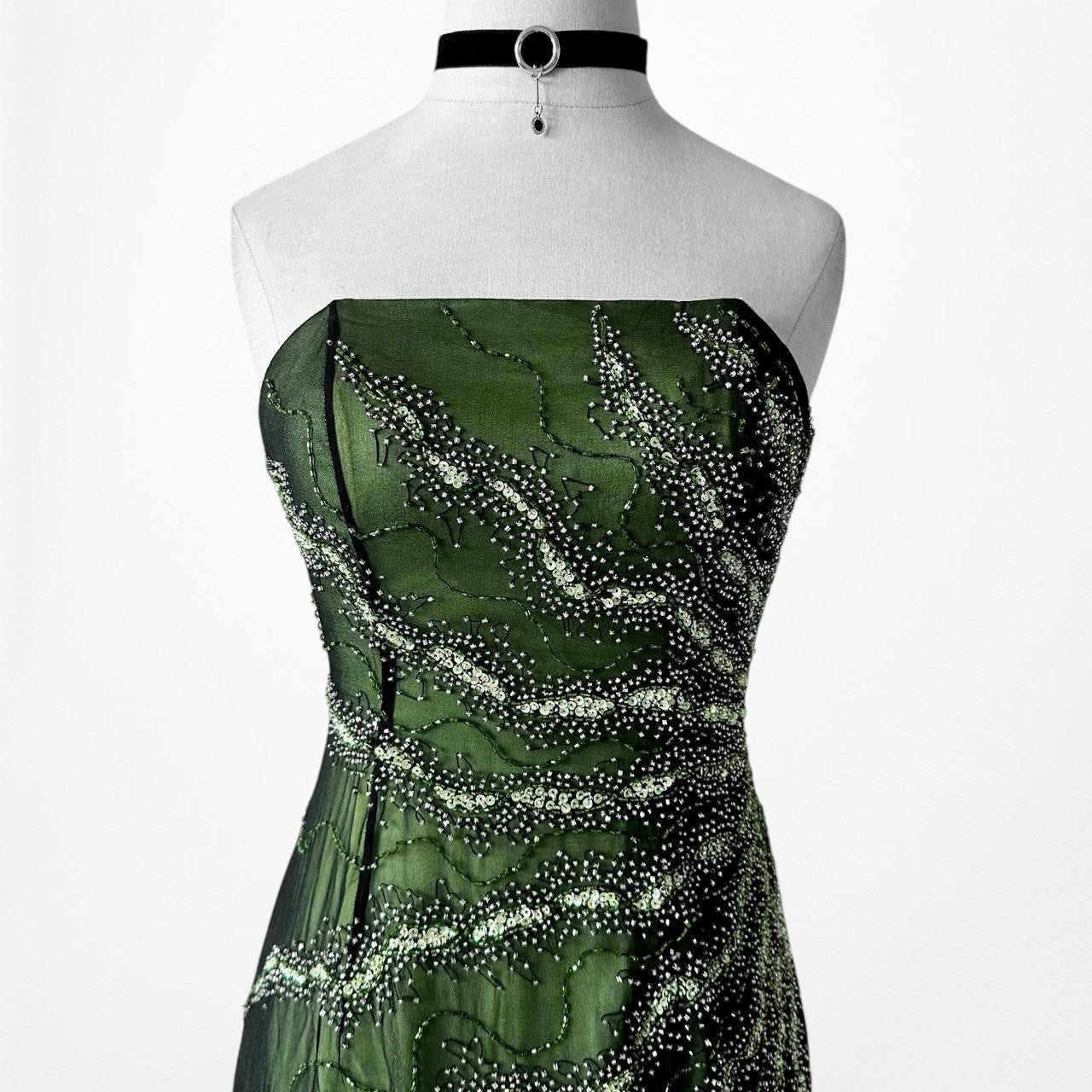 Vintage Green Strapless Silk Beaded High Low Mesh Maxi Flared Dress Size S