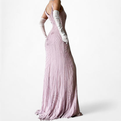 Pastel Pink Silk Beaded Fit Flared Maxi Formal Prom Dress Size M