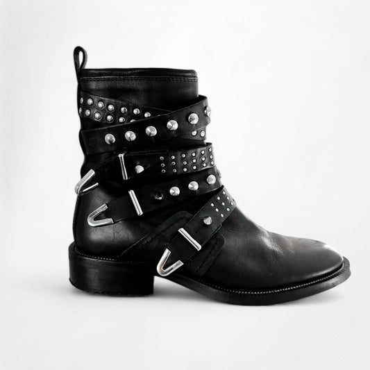 Mango Black Studded Ankle Round Toe Leather Combat Boots Size 6