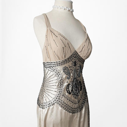 Vintage Ivory Beige Silk Beaded Bodycon Side Slit Maxi Prom Dress Size S/M