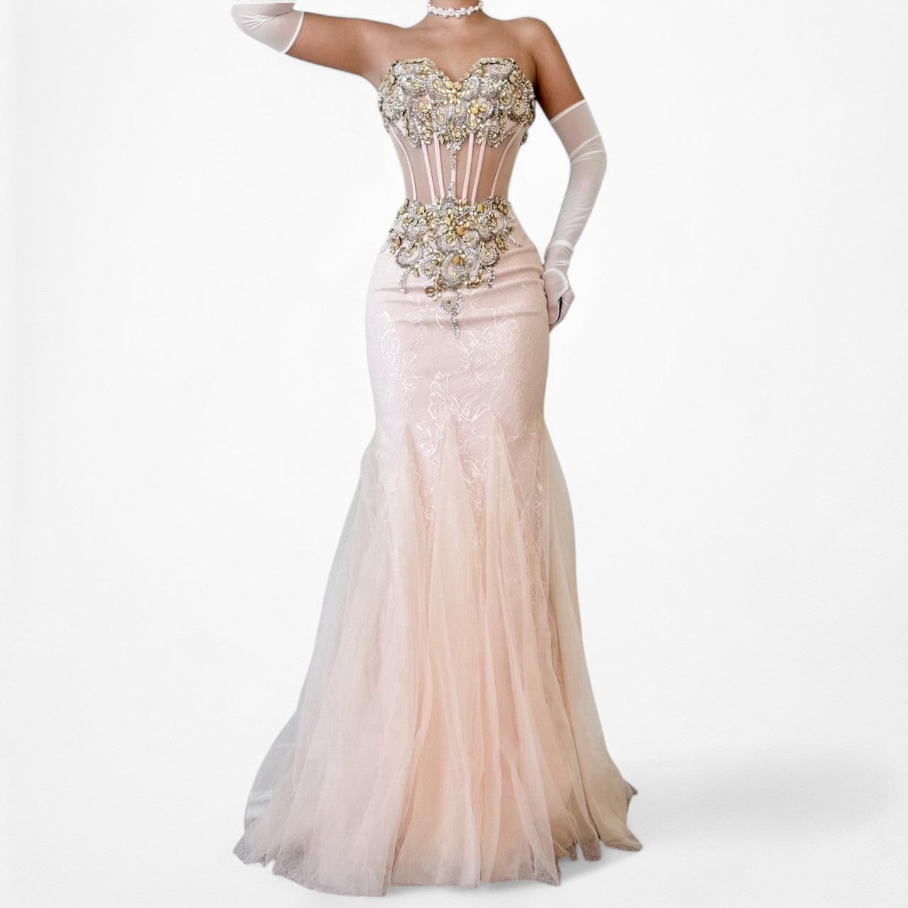 Vintage Pastel Pink Strapless Rhinestone Beaded Maxi Prom Dress Size XS