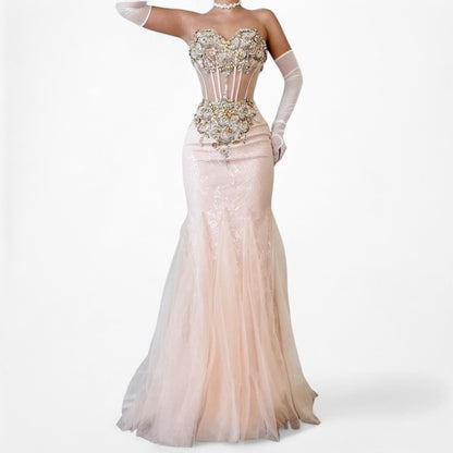 Vintage Pastel Pink Strapless Rhinestone Beaded Maxi Prom Dress Size XS