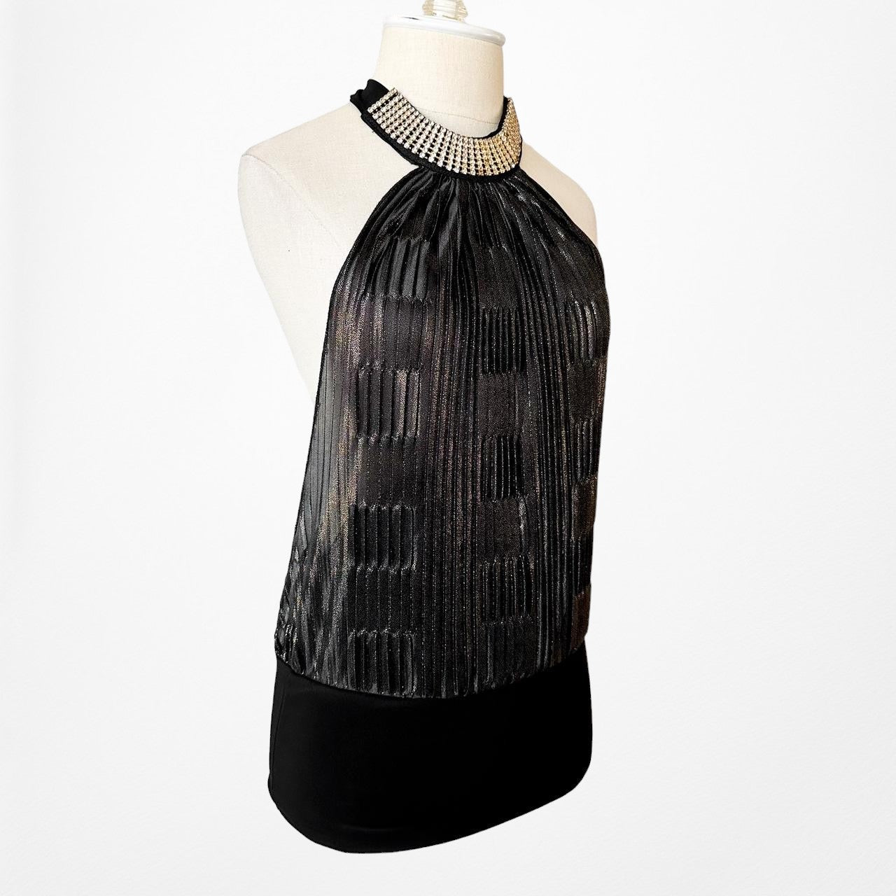 Monaco Black Pleated Rhinestone Collar Sleeveless Knit Blouse Top Size M