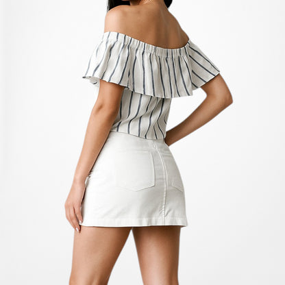 Topshop White Off Shoulder Ruffle Striped Top Size XS