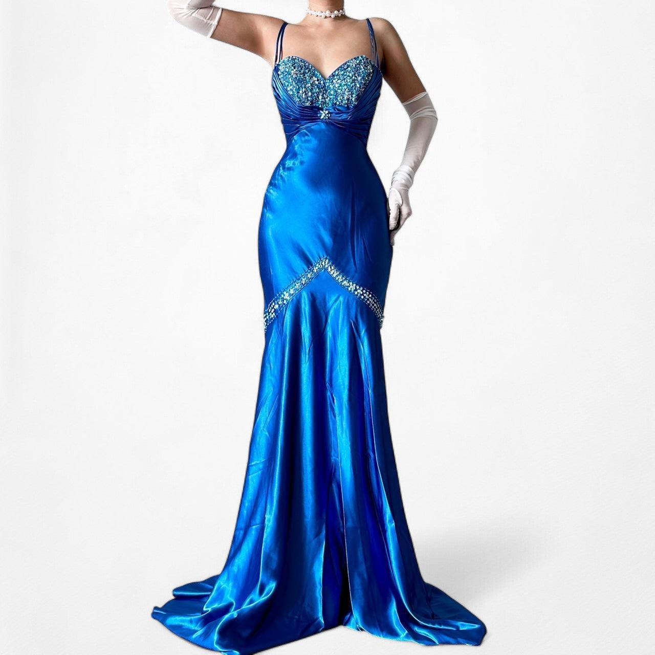 Vintage Blue Satin Fit Flared Beaded Maxi Prom Dress Size S/M