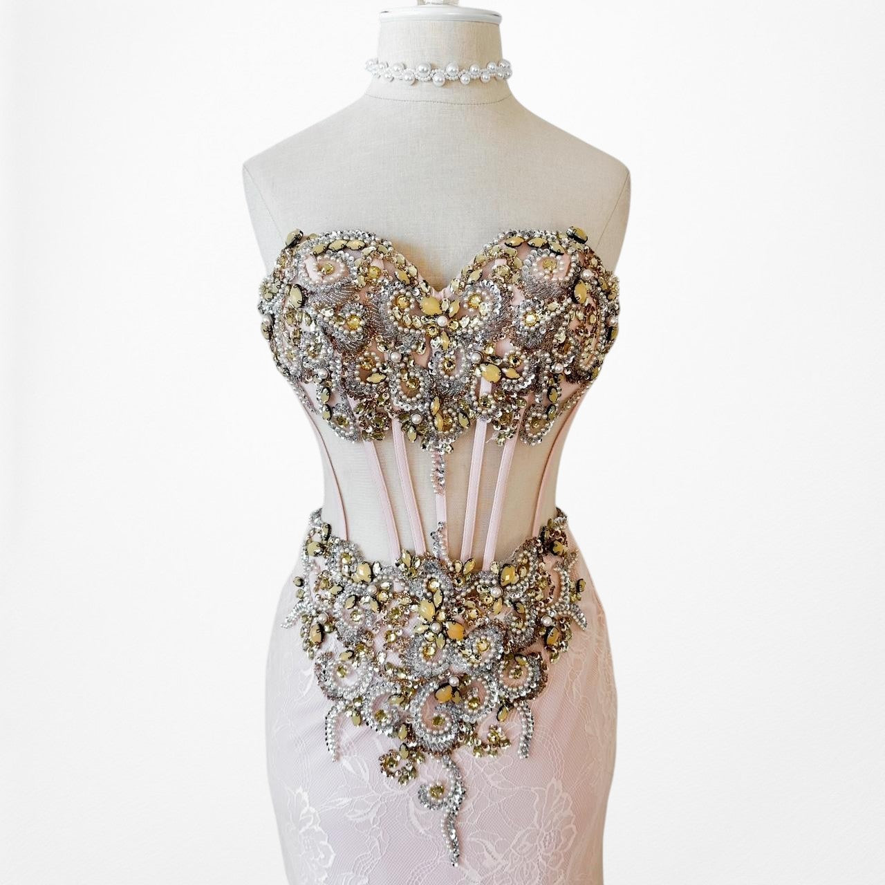 Vintage Pastel Pink Strapless Rhinestone Beaded Maxi Prom Dress Size XS