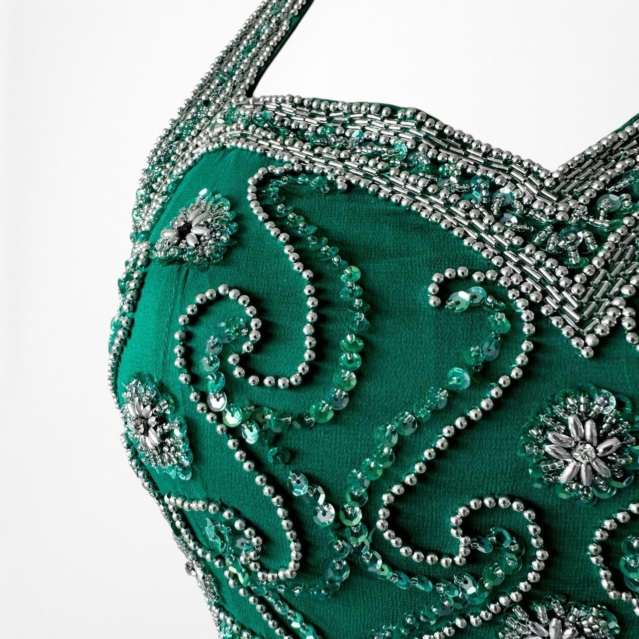 Vintage Green Beaded Halter Neck Bodycon Maxi Prom Dress Size XS/S