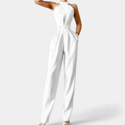 Massimo Dutti White Sleeveless Tapered Leg Tailored Halter Jumpsuit Size S