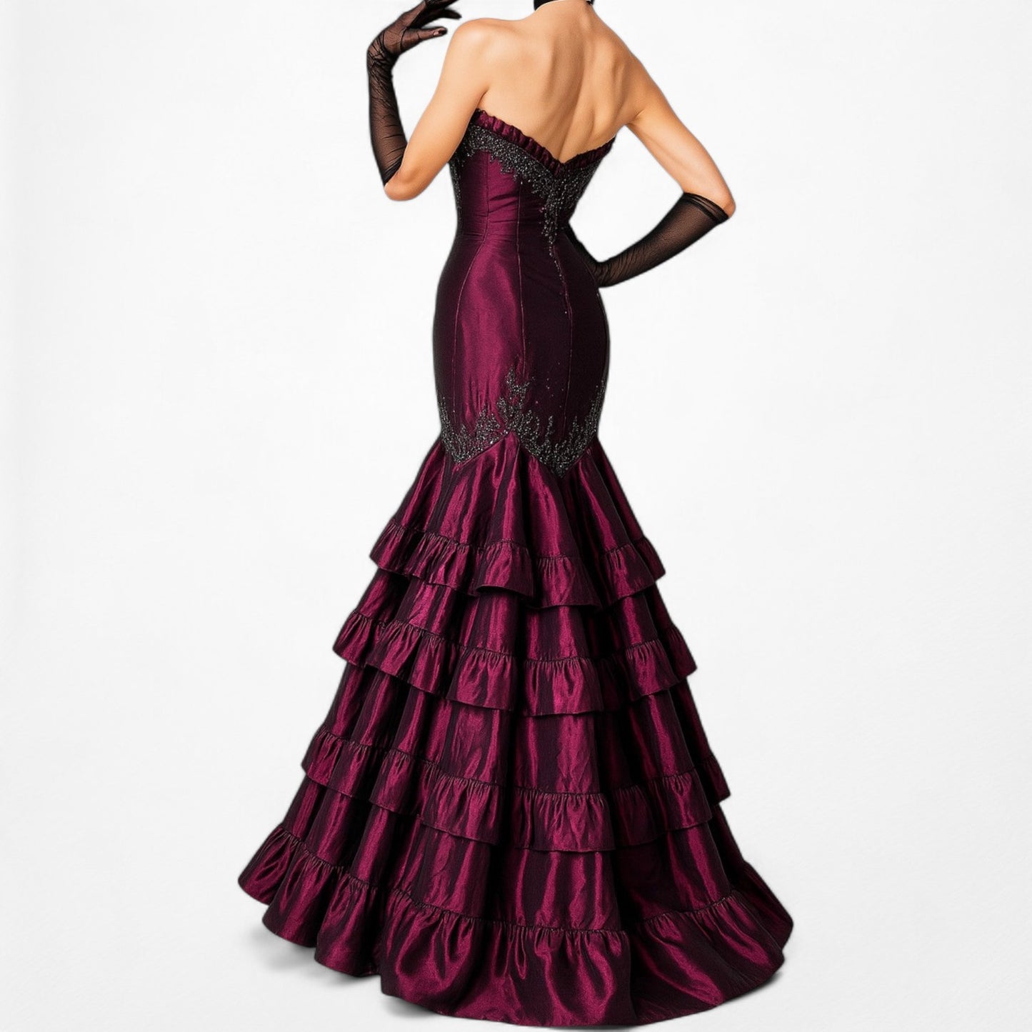 Vintage Burgundy Red Strapless Beaded Satin Ruffle Flared Maxi Prom Dress Size M