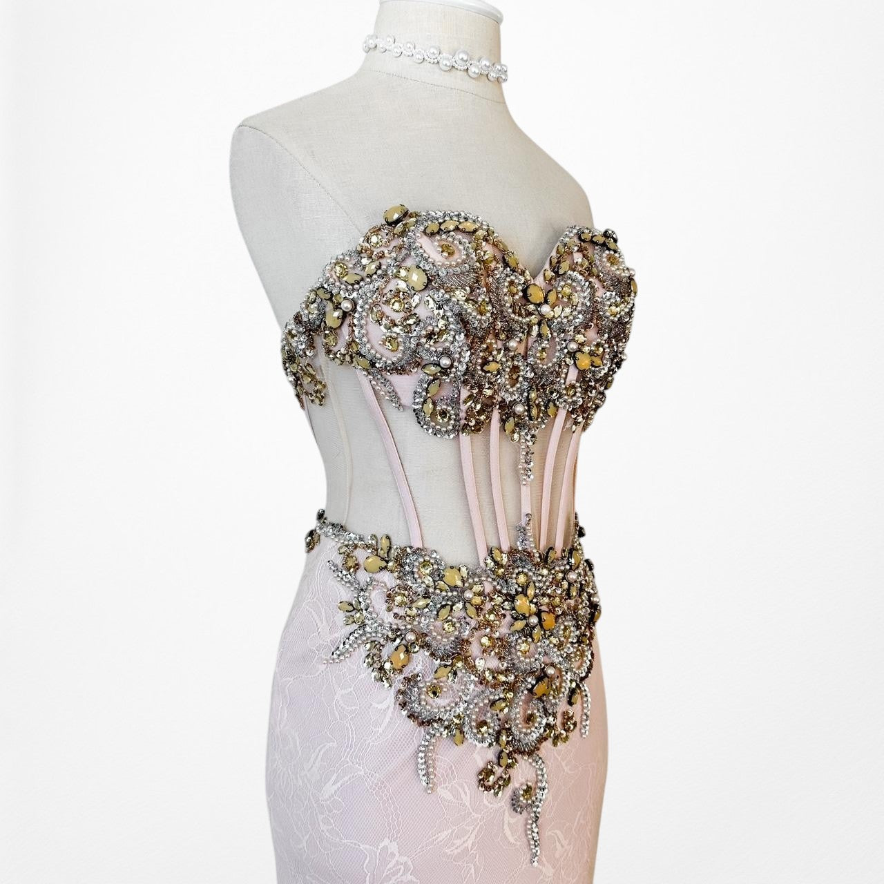 Vintage Pastel Pink Strapless Rhinestone Beaded Maxi Prom Dress Size XS