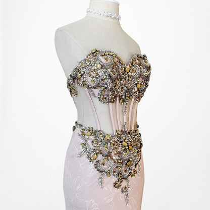 Vintage Pastel Pink Strapless Rhinestone Beaded Maxi Prom Dress Size XS