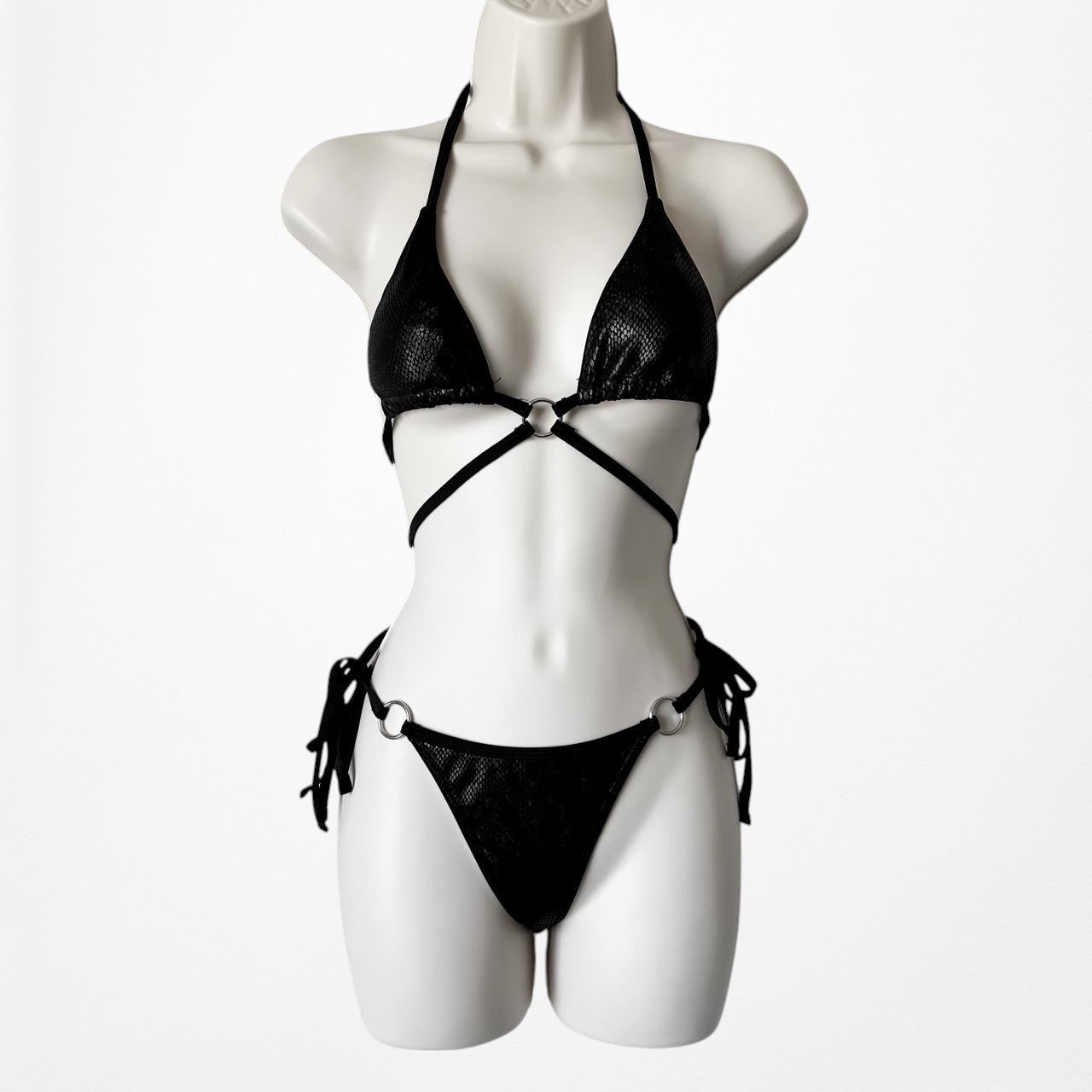 Black Snake Print Two Piece Strappy Cutout Bikini Swim Bathing Suit Size S