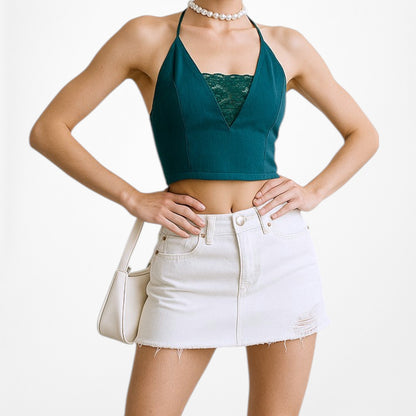 Free People Blue Halter V-Neck Lace Detail Cami Tank Casual Crop Top Size M