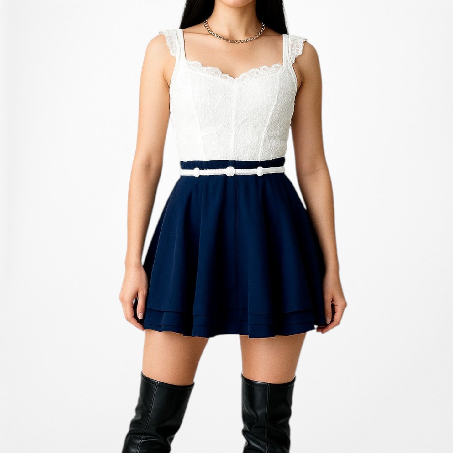 Forever 21 Navy Blue High Waisted Beaded Pleated Skater Flared Mini Skirt Size S