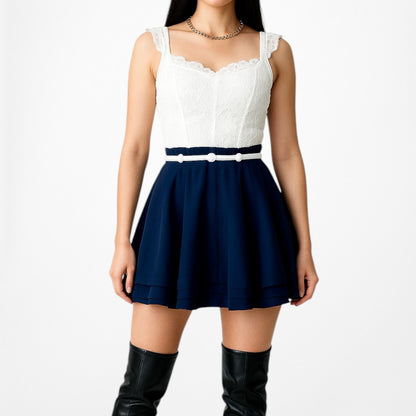 Forever 21 Navy Blue High Waisted Beaded Pleated Skater Flared Mini Skirt Size S