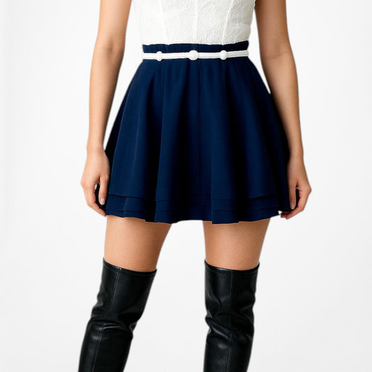 Forever 21 Navy Blue High Waisted Beaded Pleated Skater Flared Mini Skirt Size S