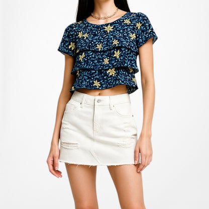 Zara Blue Yellow Short Sleeve Crewneck Floral Ruffle Crop Top XS