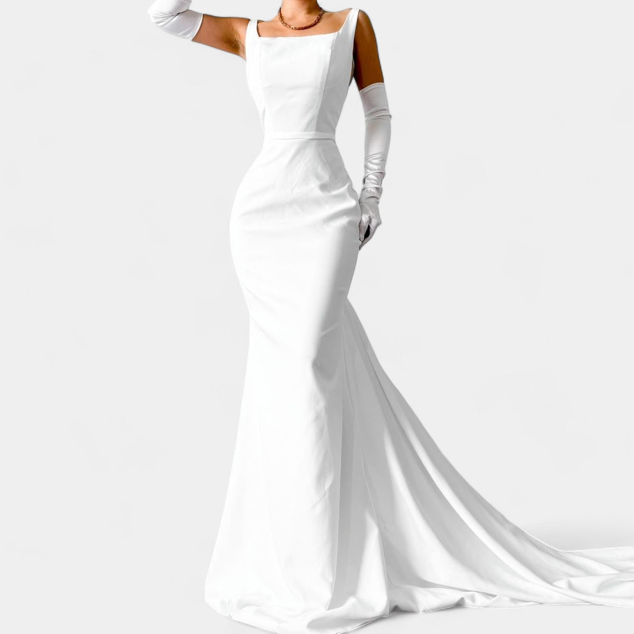 White Fit Flared Fishtail Bodycon Maxi Wedding Prom Dress With Train Size M