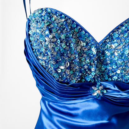 Vintage Blue Satin Fit Flared Beaded Maxi Prom Dress Size S/M