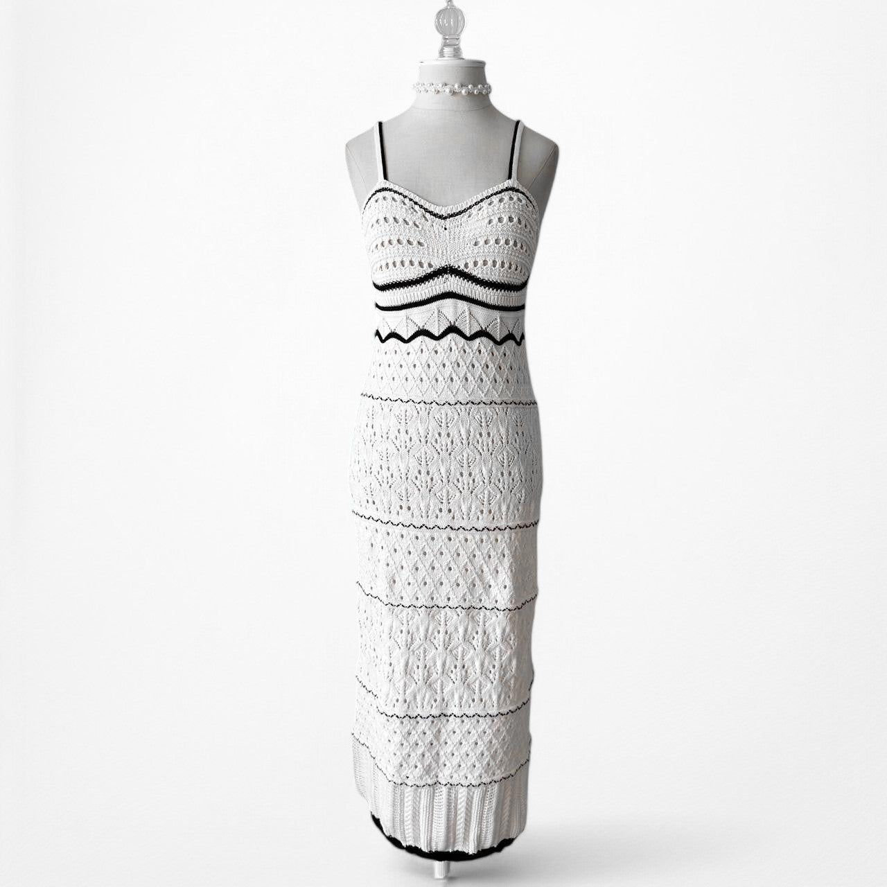 Black White Crochet Knit Bodycon Striped Midi Dress Size S