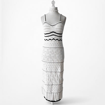 Black White Crochet Knit Bodycon Striped Midi Dress Size S