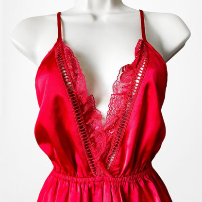 Missguided Red Satin Lace Trim Lingerie Inspired Romper Dress Size S