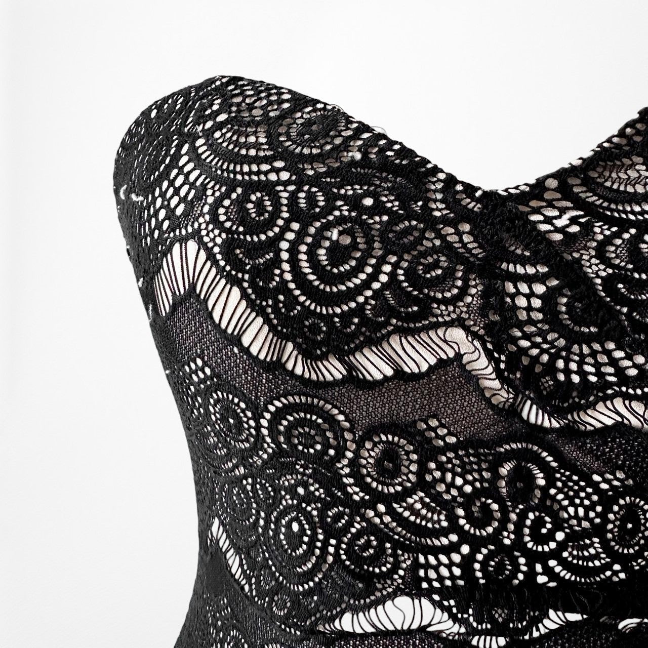 Vintage Black Strapless Lace Bodycon Side Slit Maxi Prom Dress Size XS