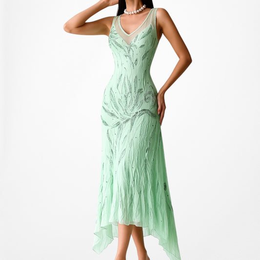 Vintage Blue Green Silk Floral Beaded Ruffle Midi Cocktail Formal Homecoming Dress Size M