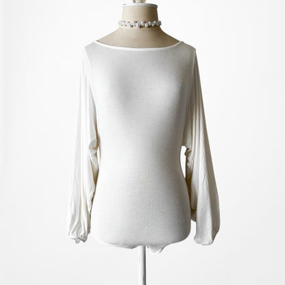 Fashion Nova Off White Knit Puffy Long Sleeve Bodysuit Top Size XS/S