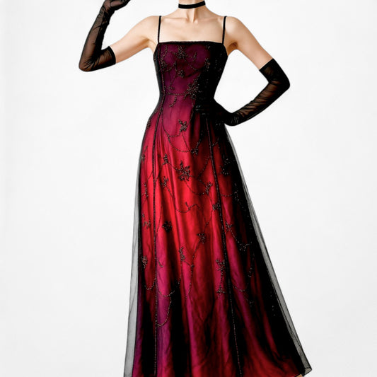 Vintage Burgundy Red Floral Beaded Mesh Gradient Maxi Prom Dress Size S