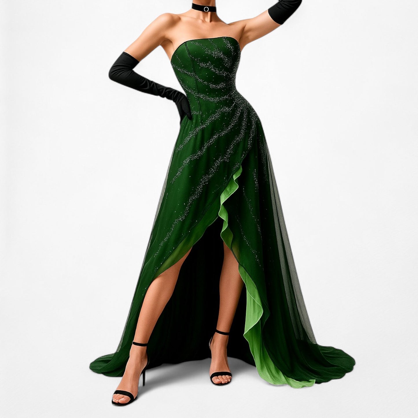 Vintage Green Strapless Silk Beaded High Low Mesh Maxi Flared Dress Size S