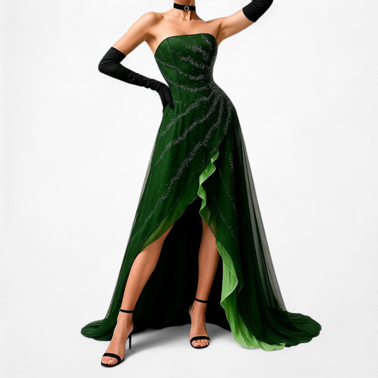 Vintage Green Strapless Silk Beaded High Low Mesh Maxi Flared Dress Size S