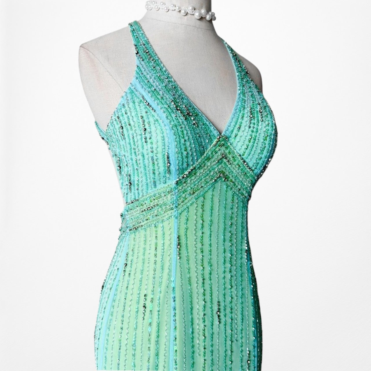 Vintage Blue Green Fit Flared Beaded Halter Mesh Maxi Prom Dress Size S