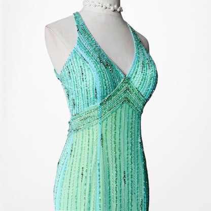 Vintage Blue Green Fit Flared Beaded Halter Mesh Maxi Prom Dress Size S