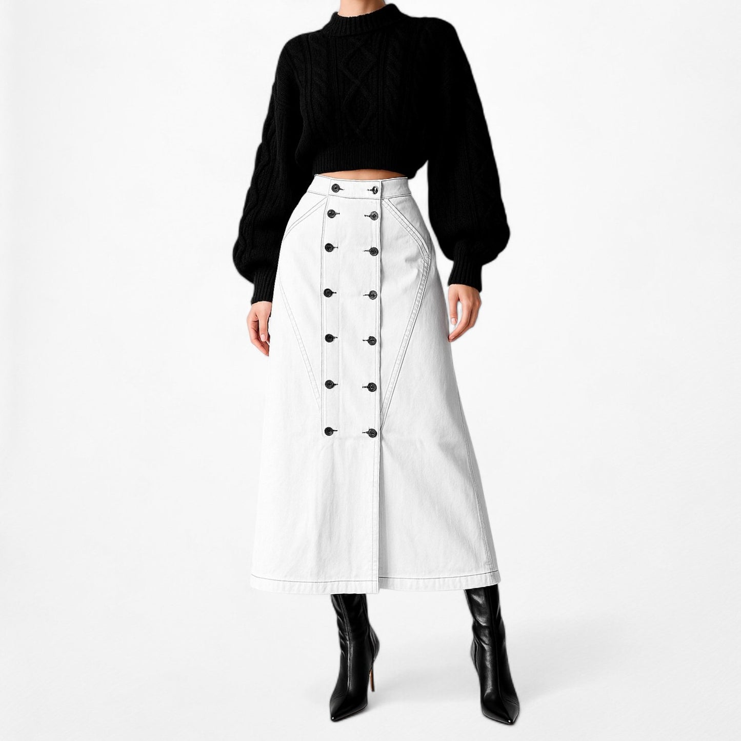 Jason Wu White Button Front Detail A-Line Denim High Waisted Maxi Skirt Size XS