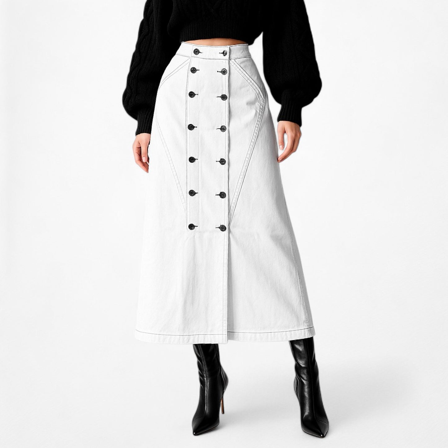 Jason Wu White Button Front Detail A-Line Denim High Waisted Maxi Skirt Size XS