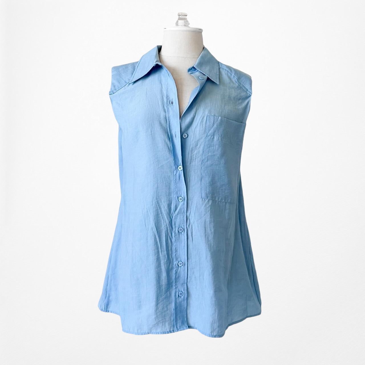 Zara Blue Padded Shoulder Button Down Sleeveless Shirt Tank Top Size XS/S