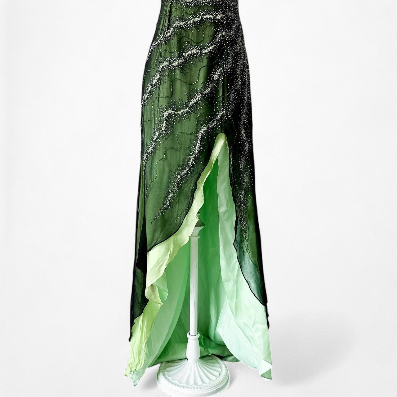 Vintage Green Strapless Silk Beaded High Low Mesh Maxi Flared Dress Size S