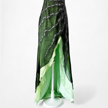 Vintage Green Strapless Silk Beaded High Low Mesh Maxi Flared Dress Size S